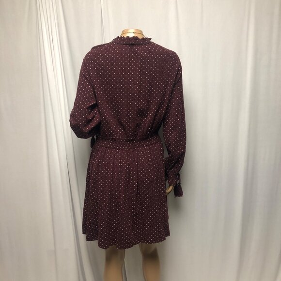 TopShop Peasant Dress Womens Size 10 Maroon White Polka Dots Smocked Long Sleeve - Picture 6 of 10